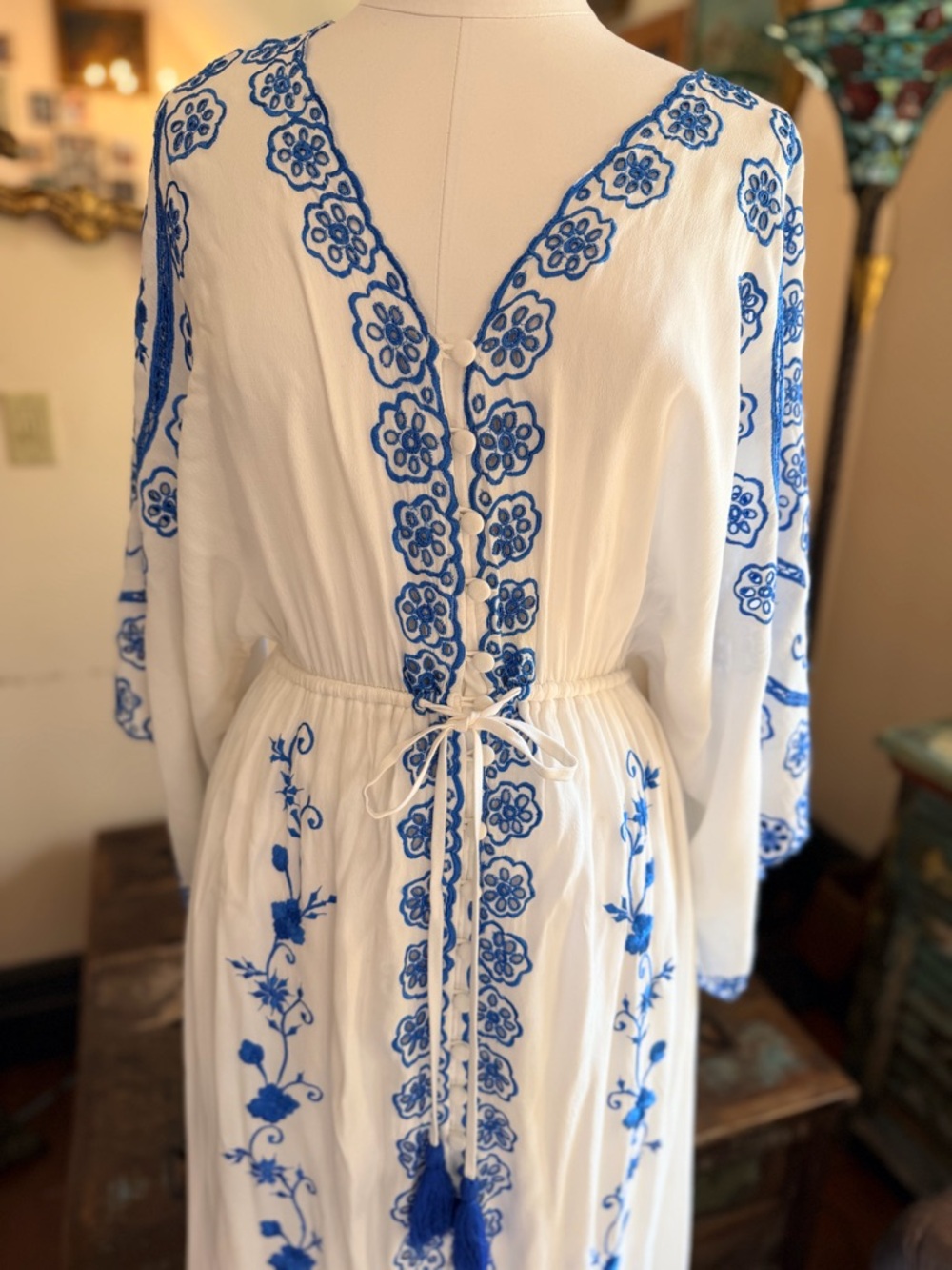 Fillyboo White Maxi Dress with Blue Embroidery and Tassel Drawstring - Picture 5 of 8